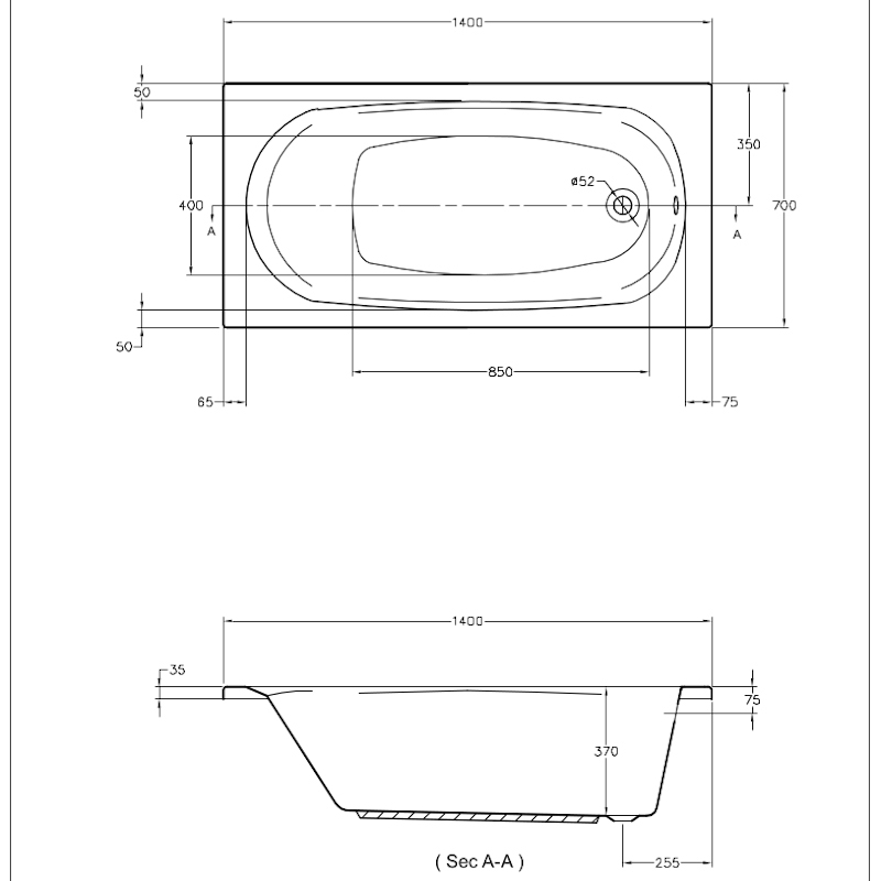 petite black hydro therapy straight bath with black jets 1400x700 Specification Drawing