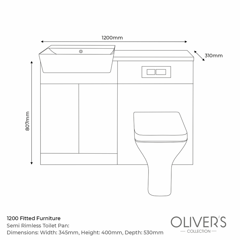 oliver 1200 navy blue fitted furniture chrome Specification Drawing