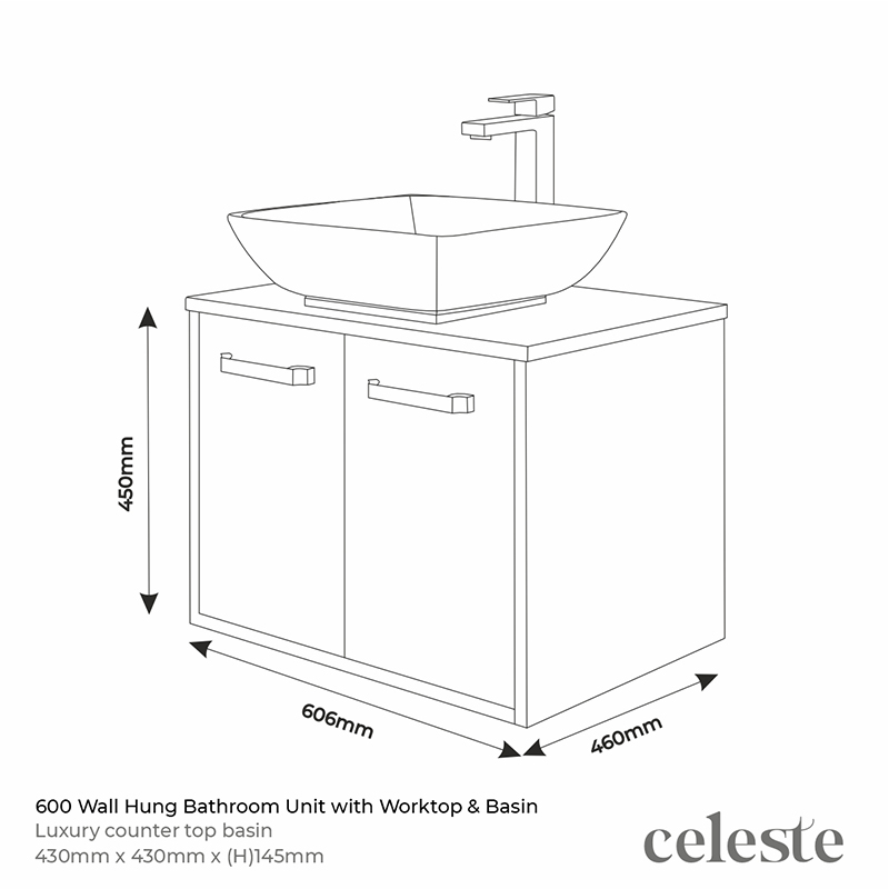 celeste green 600 wall hung countertop basin unit Specification Drawing