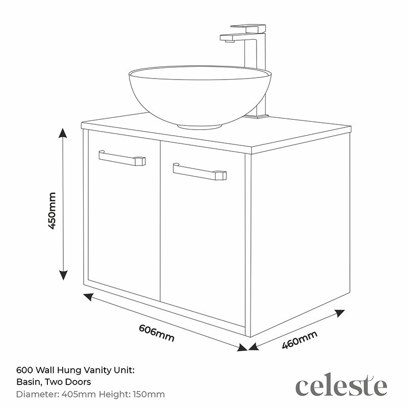 celeste white 600 wall hung vanity unit black bowl sink Specification Drawing