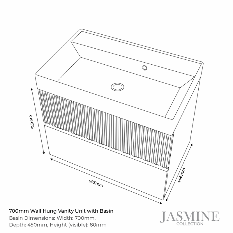 jasmine 700 white wall vanity unit with white sink Specification Drawing