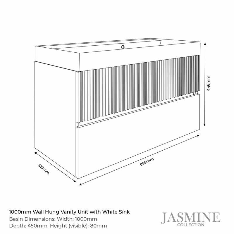 jasmine 1000 white wall vanity unit with white basin Specification Drawing