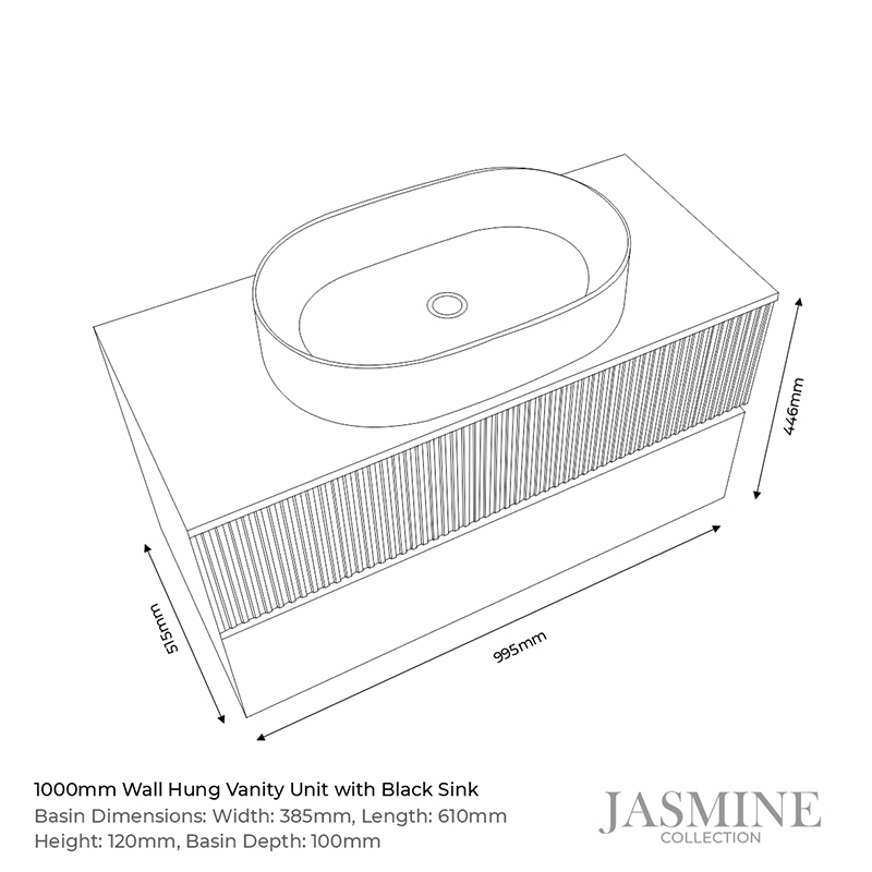 jasmine 1000 black wall vanity unit with black sink Specification Drawing