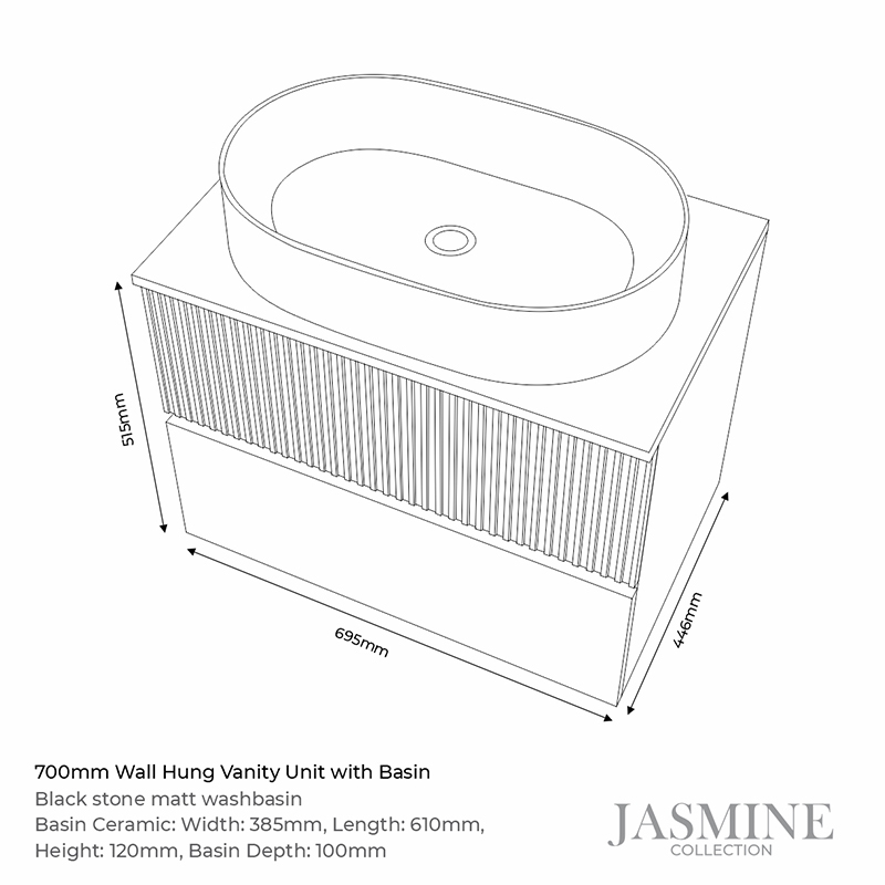 jasmine 700 white wall vanity unit with black sink Specification Drawing