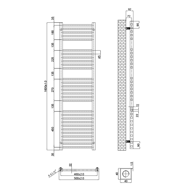 jivana radiator brushed brass 1600 x 500 Specification Drawing