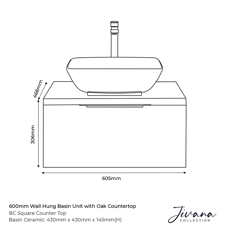 jivana white 600 wall oak countertop vanity unit Specification Drawing