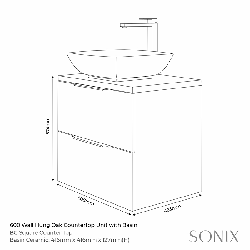 sonix grey 600 wall hung bathroom unit with oak countertop Specification Drawing