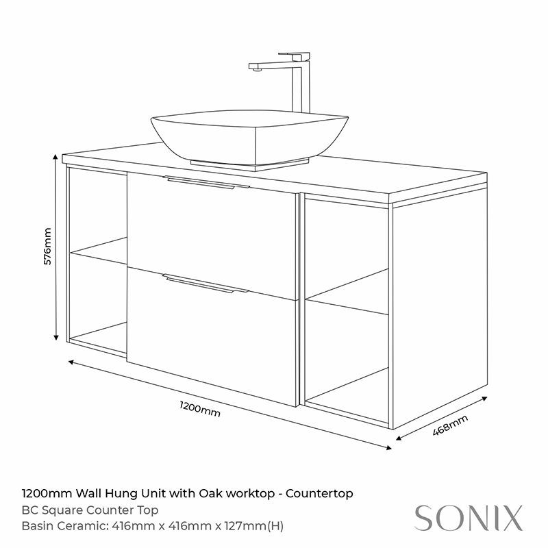 sonix grey 1200 vanity basin unit with oak worktop Specification Drawing