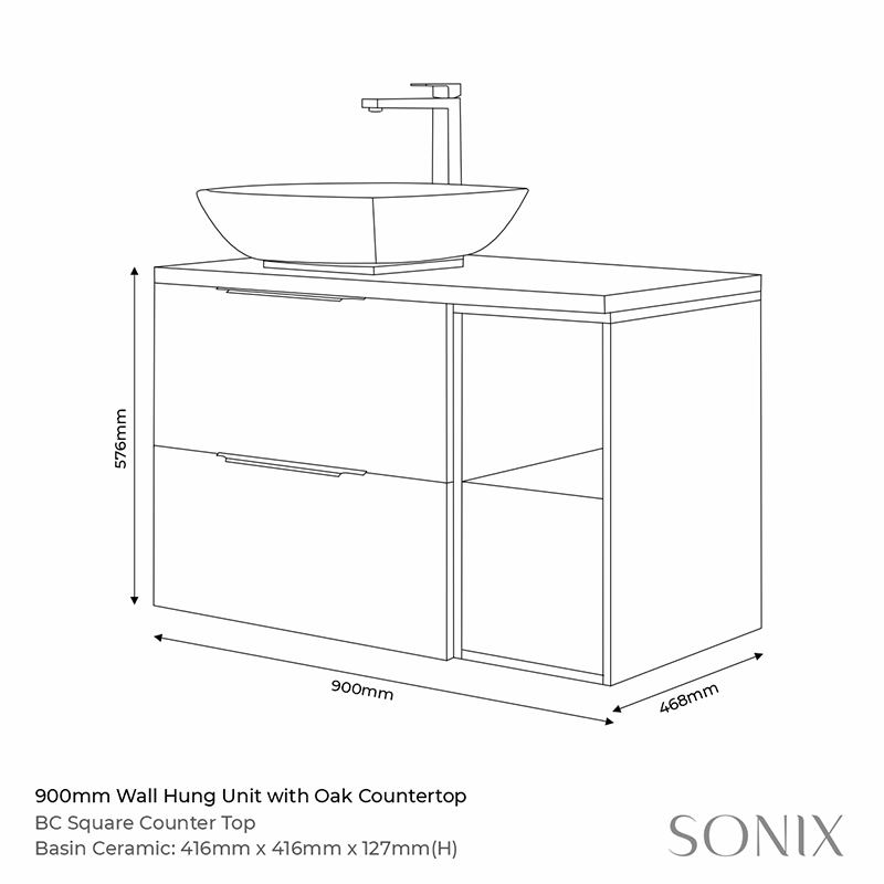 sonix grey 900 wall hung unit with oak countertop Specification Drawing