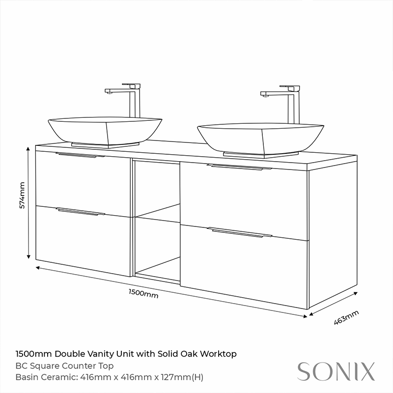 sonix white 1500 oak worktop vanity unit with basin Specification Drawing