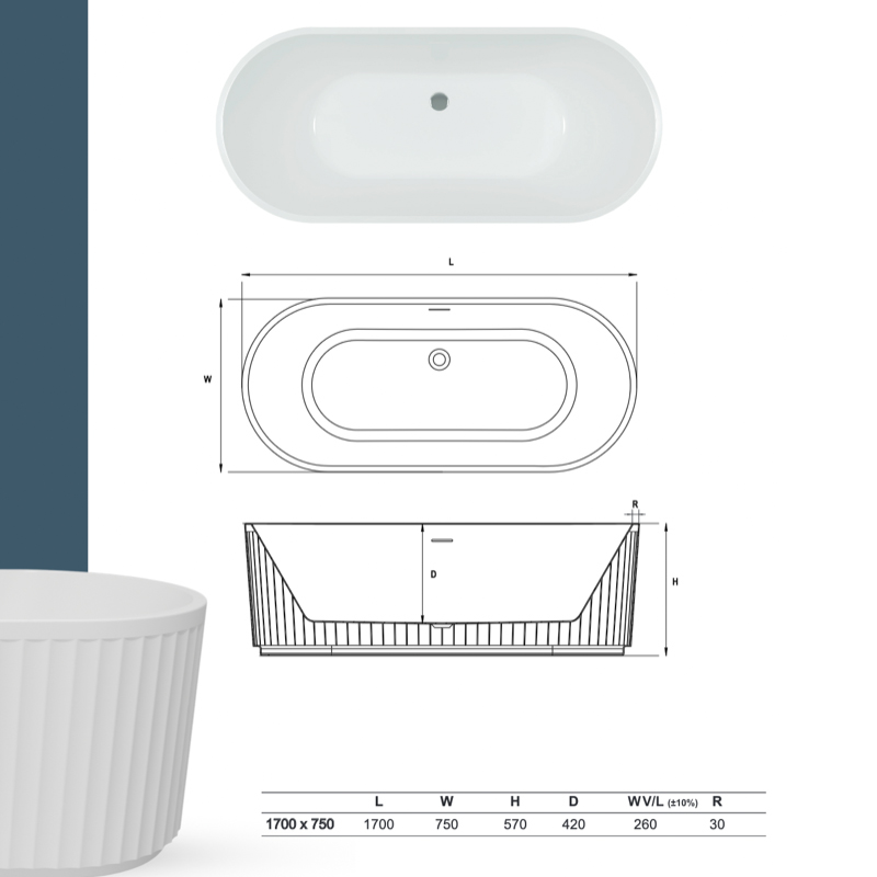 jasmine 1700 fluted white freestanding bath Specification Drawing