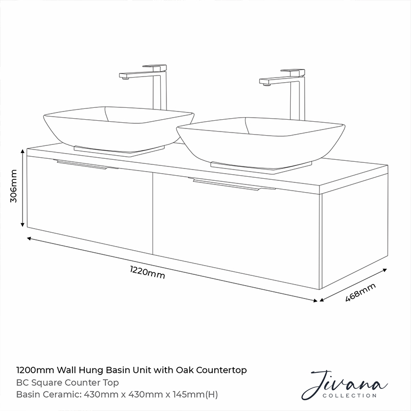 jivana white 1200 vanity double sink unit with oak countertop Specification Drawing