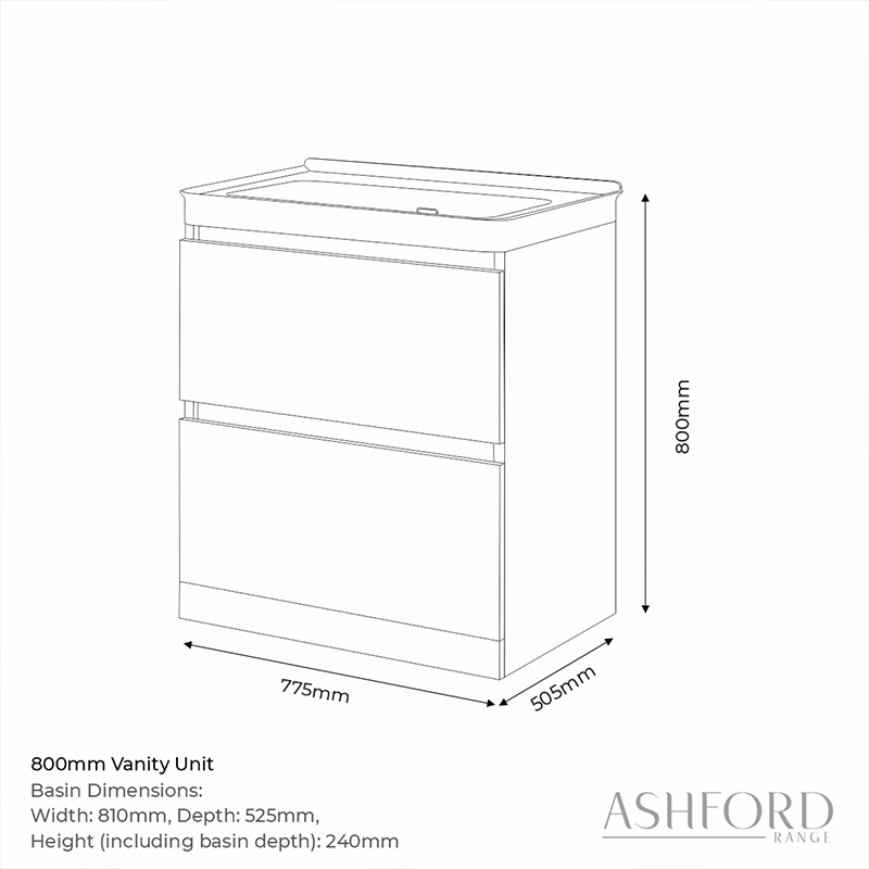 ashford 800 white vanity drawer unit Specification Drawing