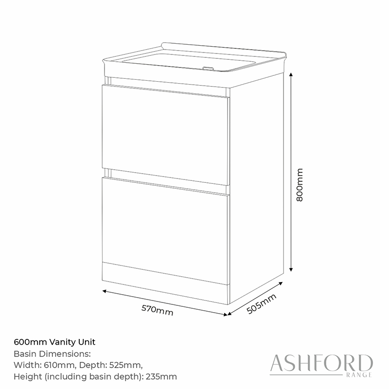 ashford 600 white handleless vanity unit Specification Drawing