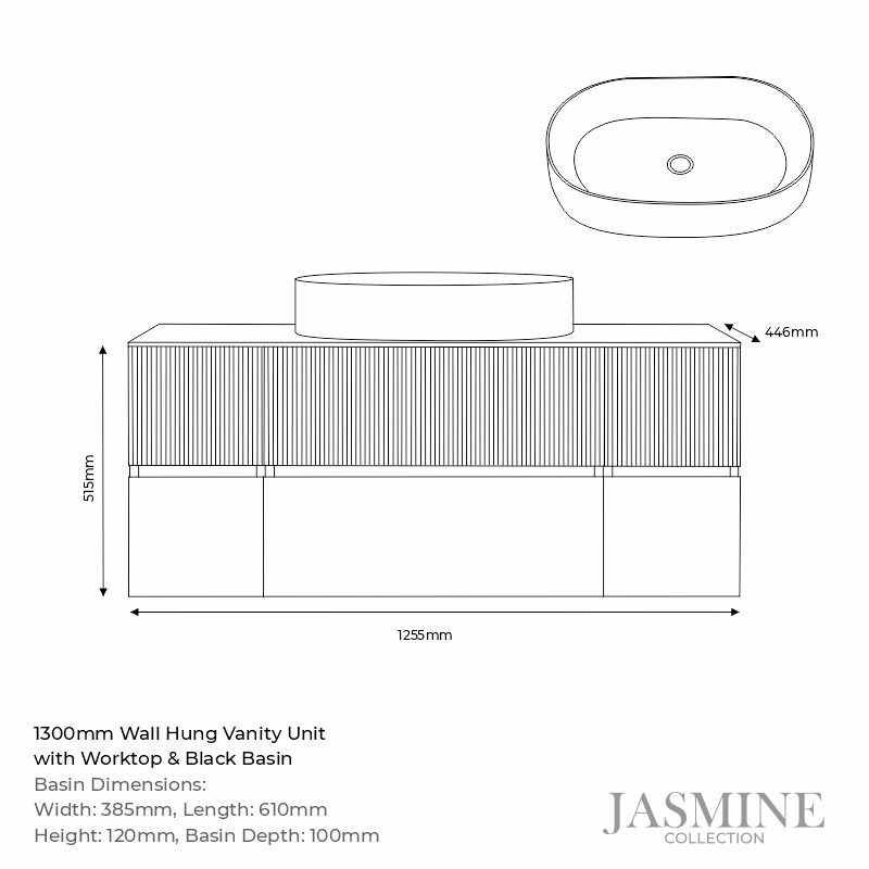 jasmine 1300 black fluted wall vanity unit black basin two side units Specification Drawing