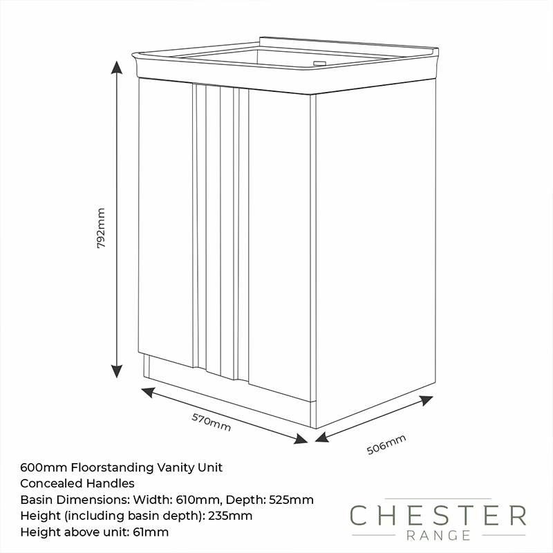 chester 600 white floorstanding vanity unit with sink Specification Drawing