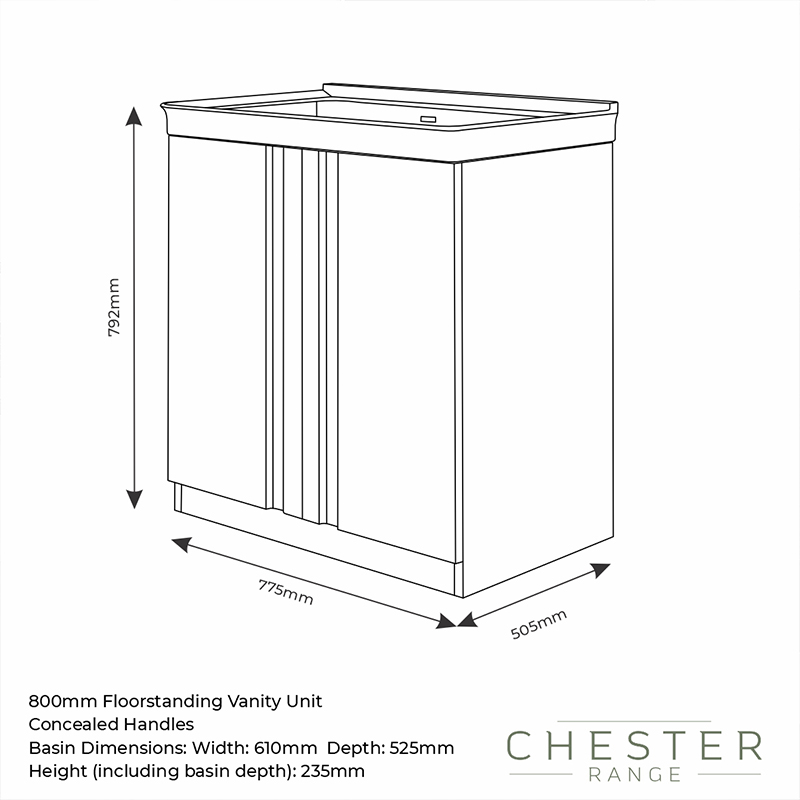 chester 800 white floorstanding vanity basin unit Specification Drawing