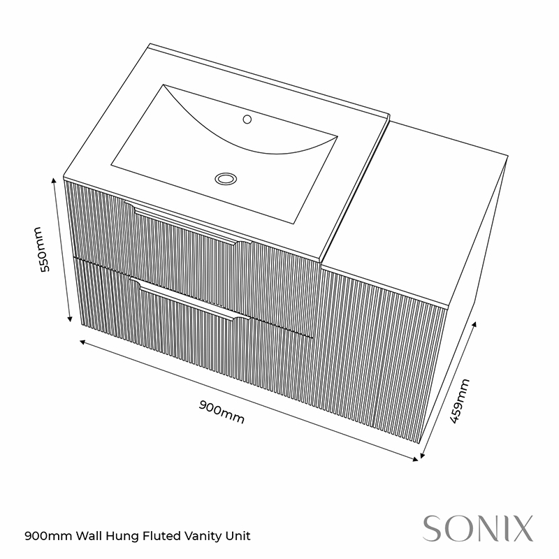 Line drawing of sonix white 900 wall vanity unit fluted