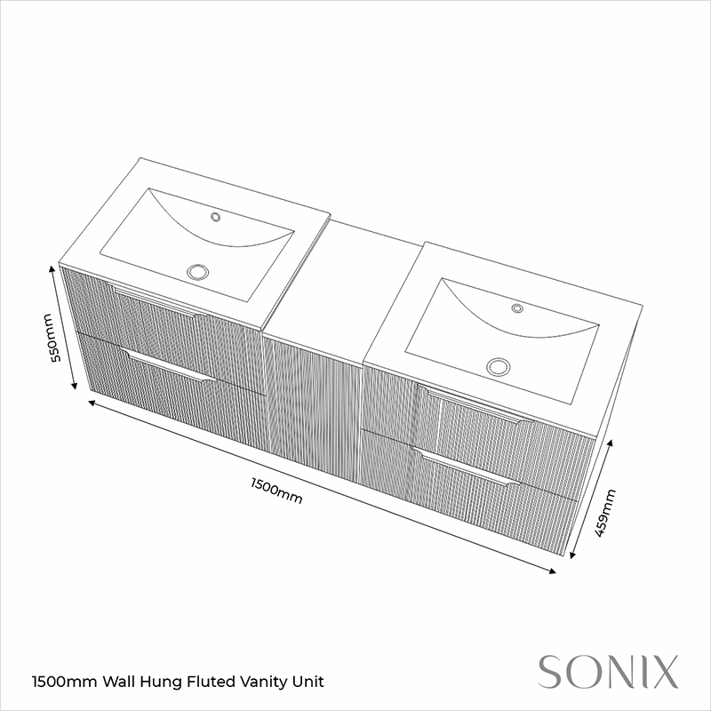 sonix white 1500 wall vanity unit fluted Specification Drawing