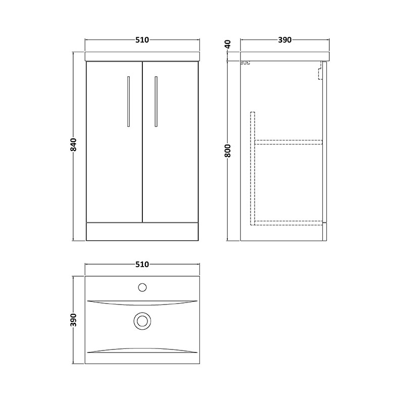 nuie arno bleached oak 500mm floor vanity unit doors Specification Drawing