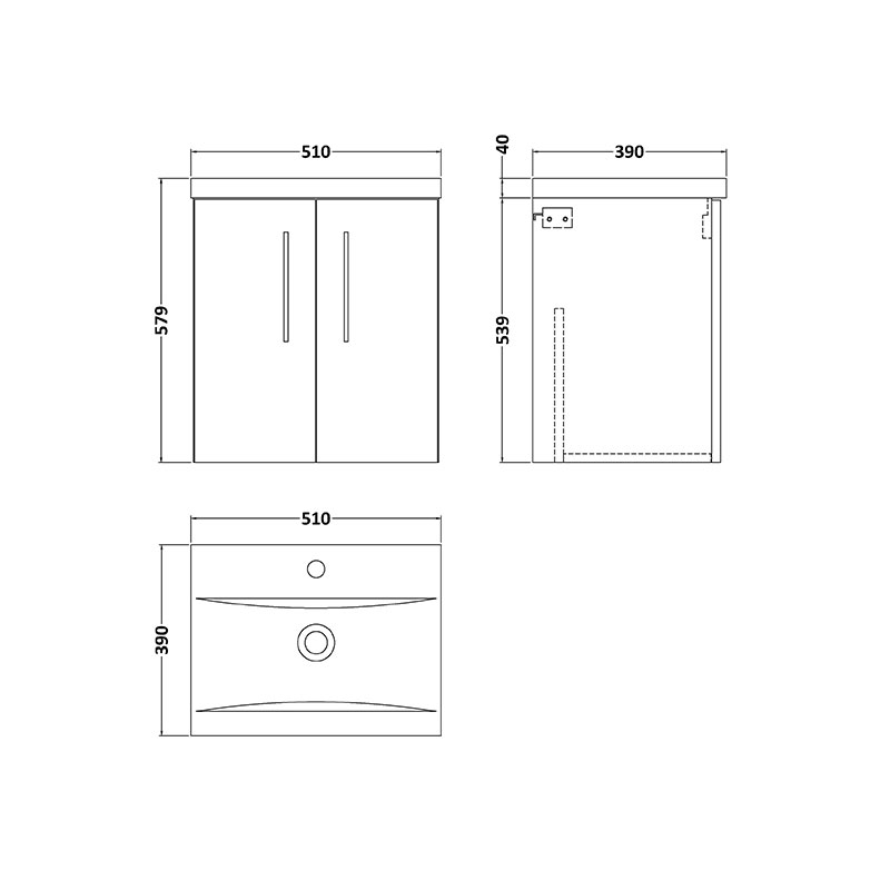 nuie arno white oak 500 wall vanity unit with doors Specification Drawing