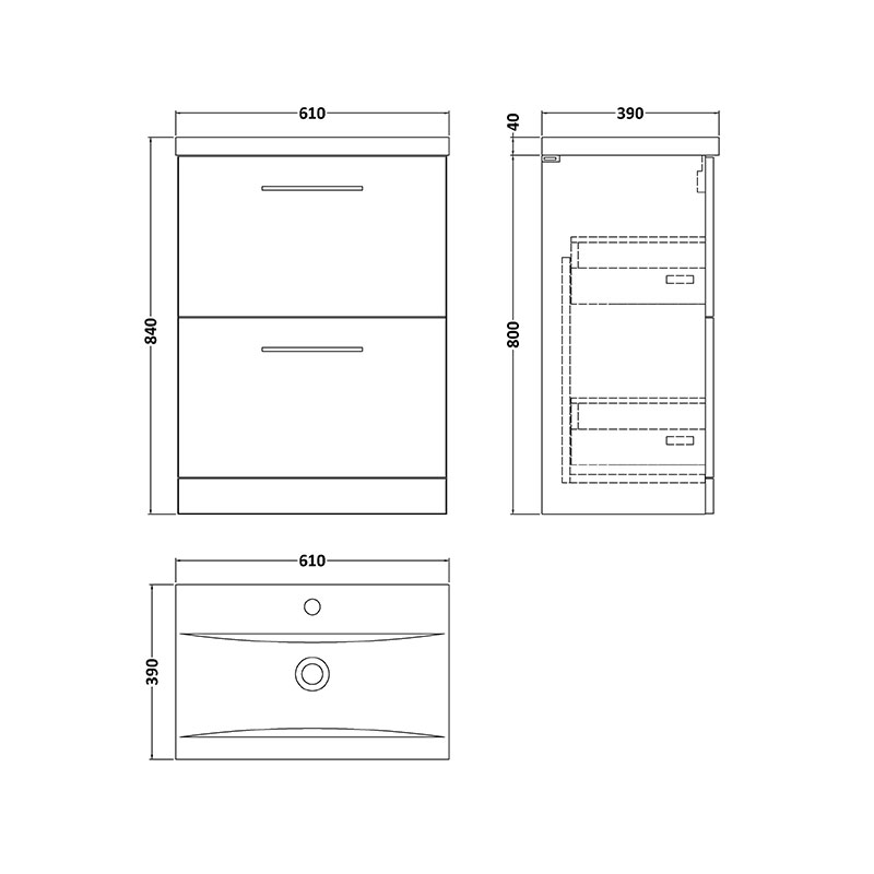 nuie arno gloss white 600 floor vanity unit with basin and drawers Specification Drawing