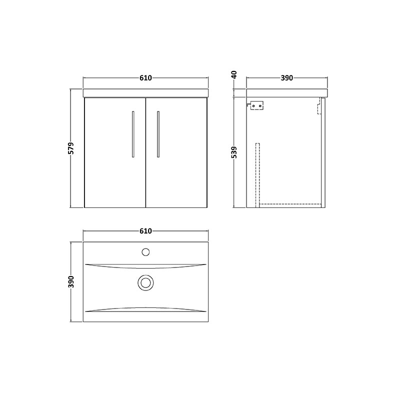 nuie arno gloss white 600 wall vanity sink unit with doors Specification Drawing