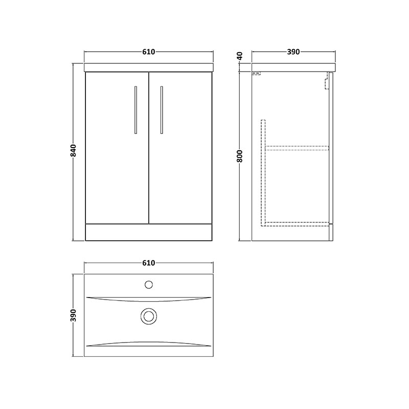 nuie arno indigo blue 600 floor vanity unit with doors Specification Drawing