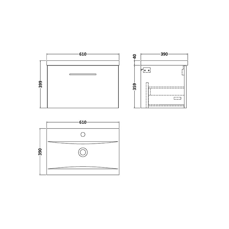 nuie arno indigo blue 600 wall vanity basin unit with one drawer Specification Drawing