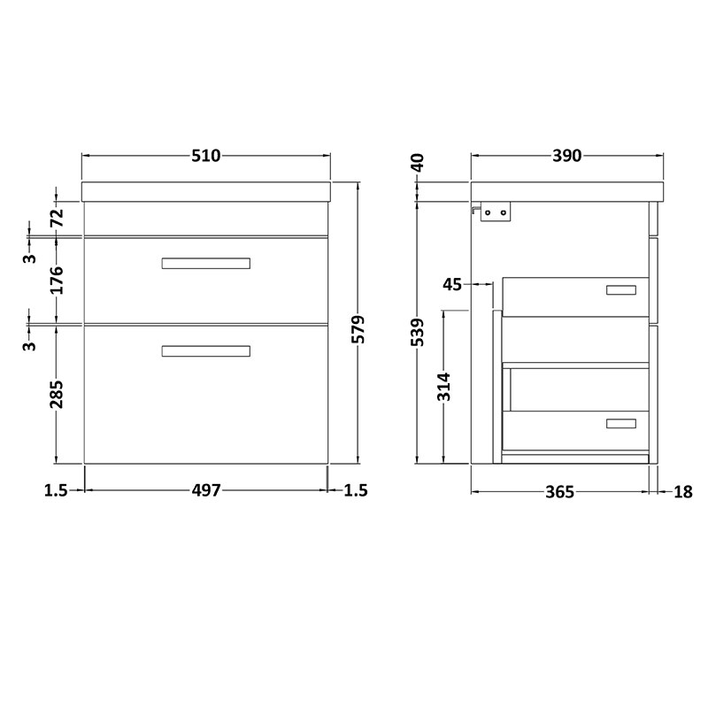 nuie athena grey 500mm wall hung vanity unit with two drawers Specification Drawing