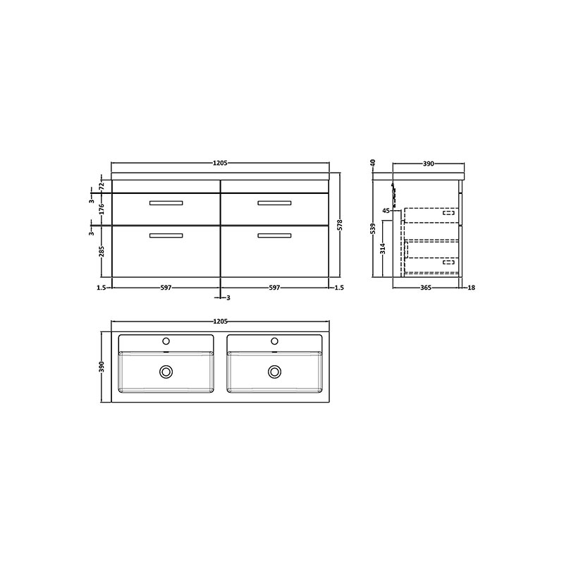 nuie athena gloss grey 1200 wall hung vanity unit with double basin and four drawers Specification Drawing