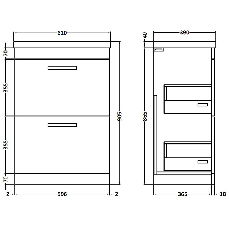 nuie athena grey 600mm freestanding vanity with two drawers Specification Drawing