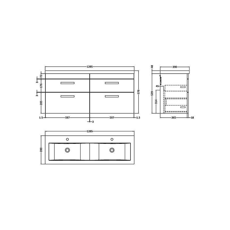 nuie athena black 1200 wall hung vanity basin unit with drawers Specification Drawing