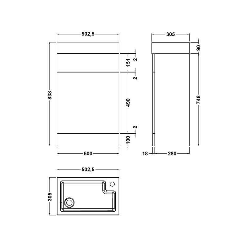 nuie athena gloss white 500mm slimline basin wc toilet unit Specification Drawing