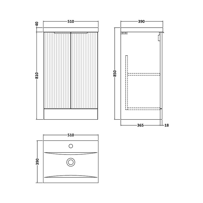 Line drawing of hudson reed fluted 500mm blue floor vanity unit with doors