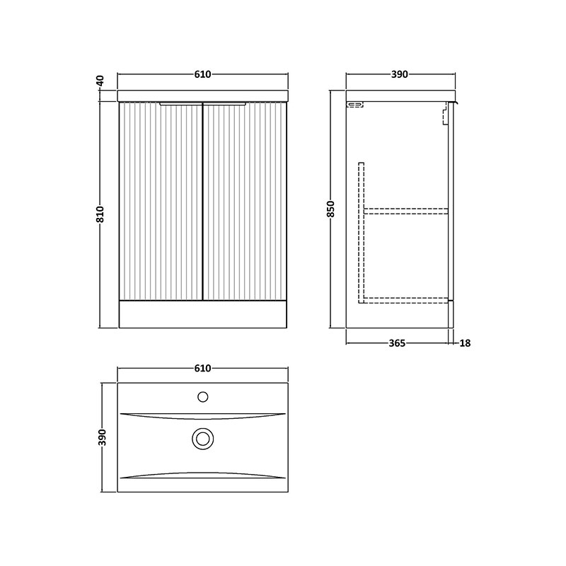 Line drawing of hudson reed fluted 600mm blue floorstanding vanity unit doors