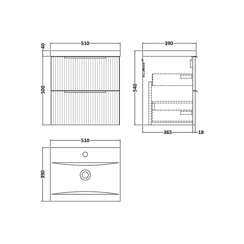 Line drawing of hudson reed fluted 500mm green wall hung vanity drawer unit