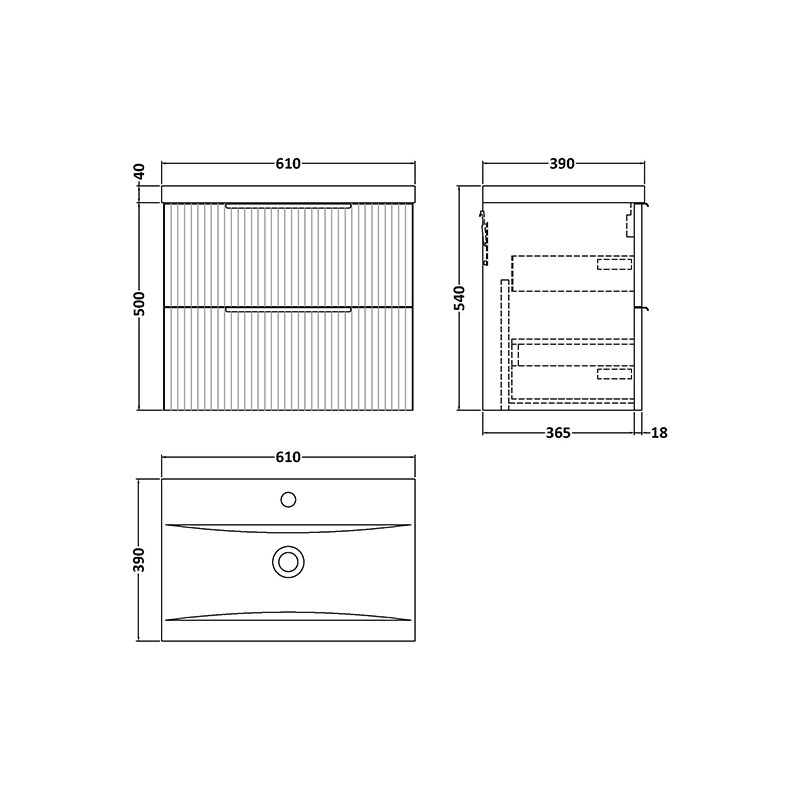 Line drawing of hudson reed fluted 600mm green wall hung vanity unit with two drawers