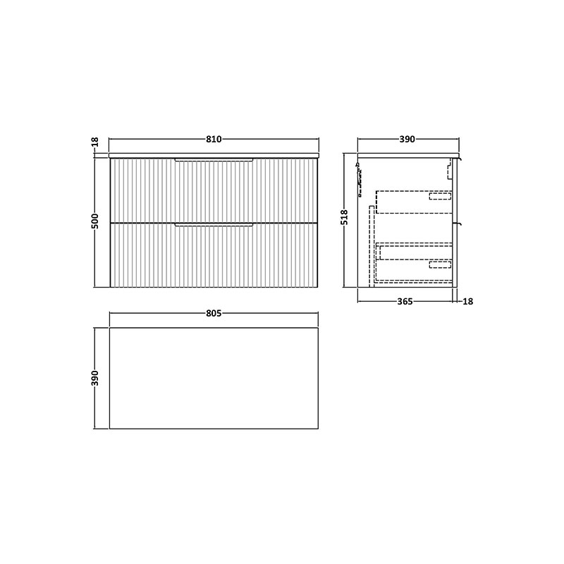 hudson reed fluted 800mm green wall hung vanity drawer unit black sink Specification Drawing