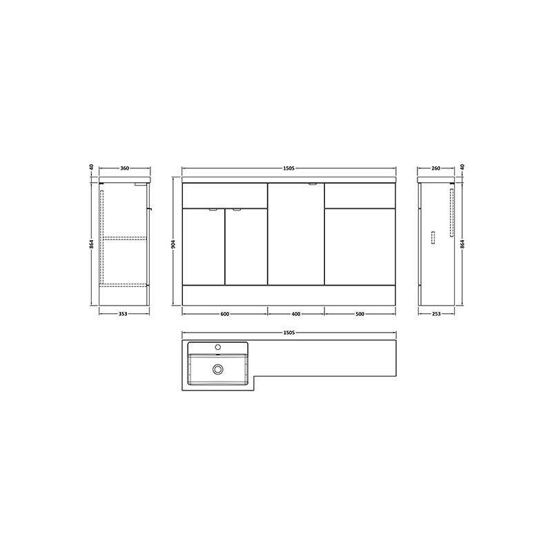 hudson reed fusion 1500mm bleached oak combination vanity door unit left handed Specification Drawing