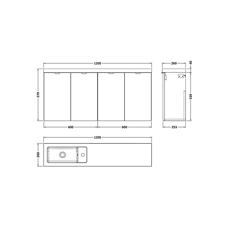 hudson reed fusion 1200mm black vanity door unit with basin Specification Drawing