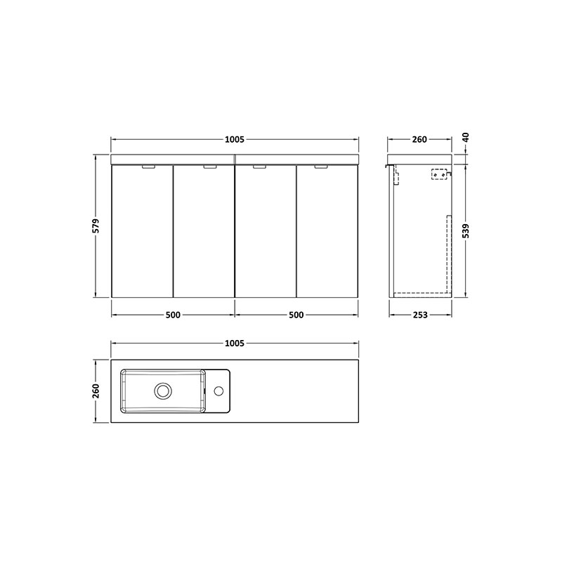 hudson reed fusion 1000mm gloss white combination vanity unit Specification Drawing