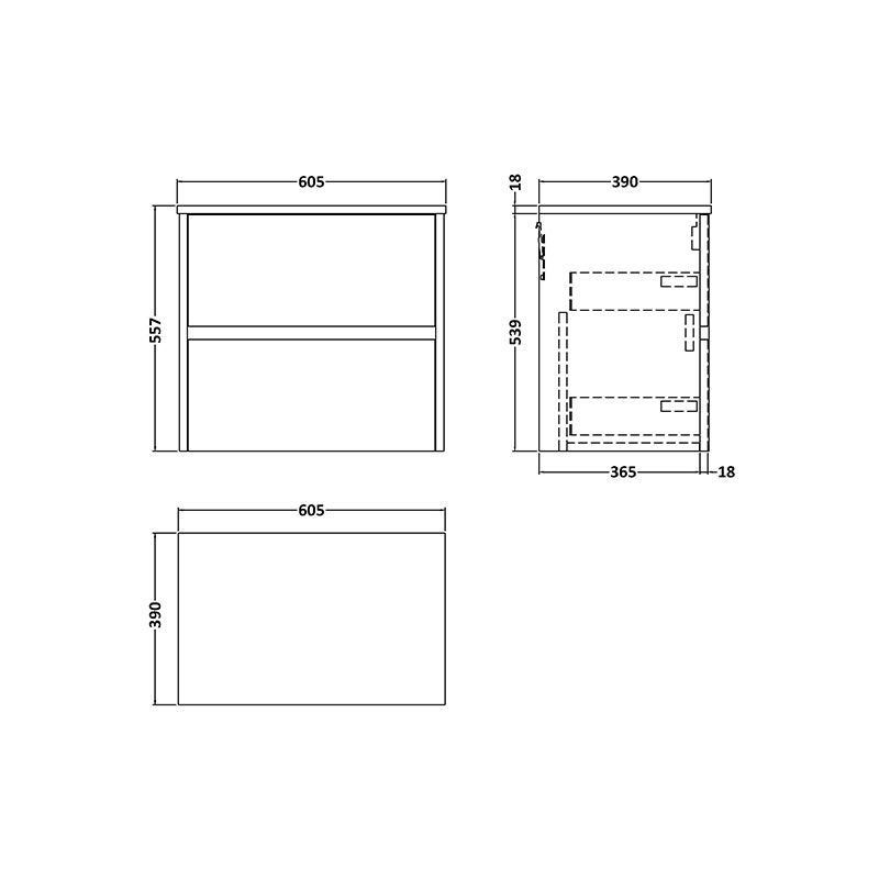 hudson reed havana 600mm oak wall hung vanity drawer unit with worktop Specification Drawing