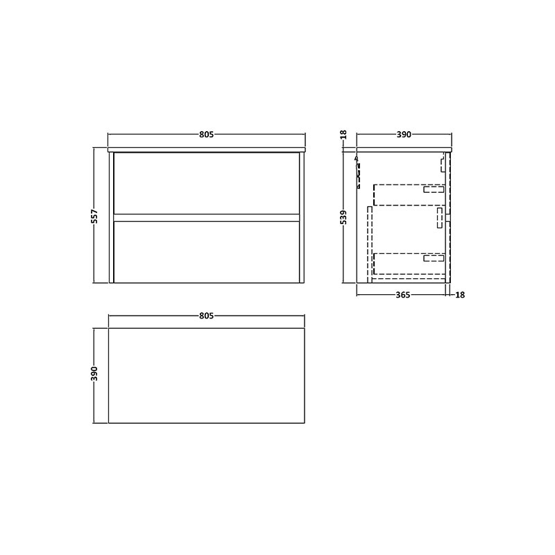 hudson reed havana 800mm oak wall hung vanity unit with drawers Specification Drawing