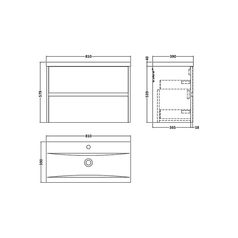 hudson reed havana 800mm metallic slate wall hung vanity drawer unit Specification Drawing