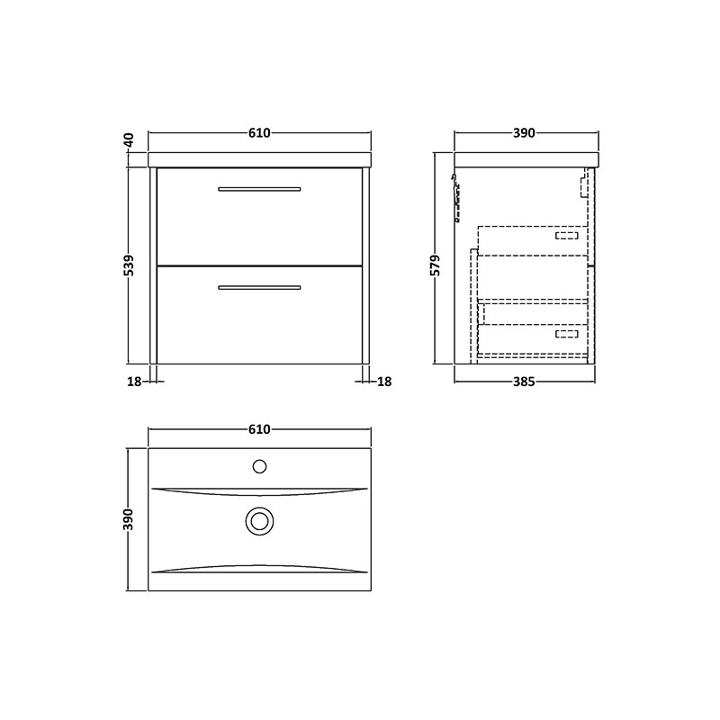 hudson reed juno 600mm grey wall hung vanity unit drawers black handles Specification Drawing