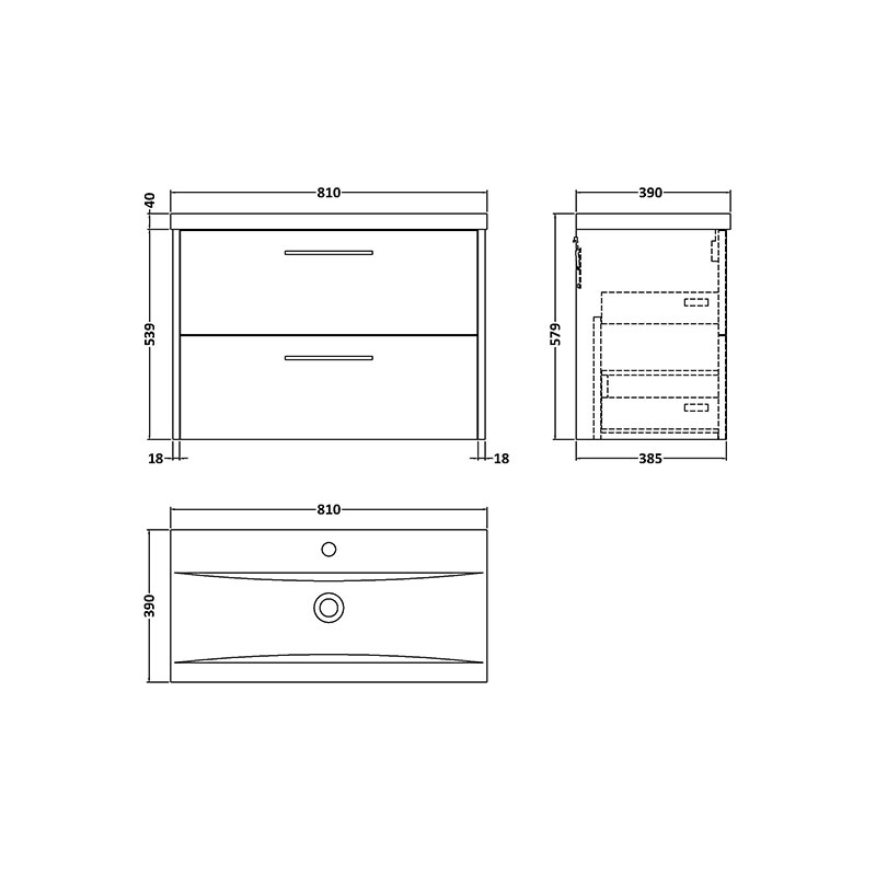 hudson reed juno 800mm grey wall hung vanity unit with drawers Specification Drawing