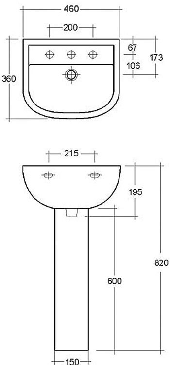 Compact 460 WashBasin & Pedestal Specification Diagram