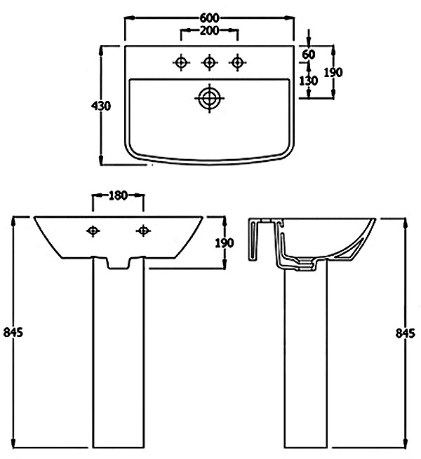 Summit 600 Basin & Pedestal Specification Diagram