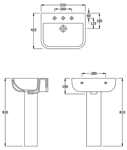 Series 600 520 Basin & Pedestal Specification Diagram